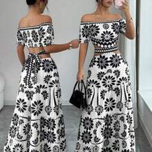 Casual Floral Print Off-Shoulder Crop Top Dress, Summer - Blanco y Negro - Ver 1
