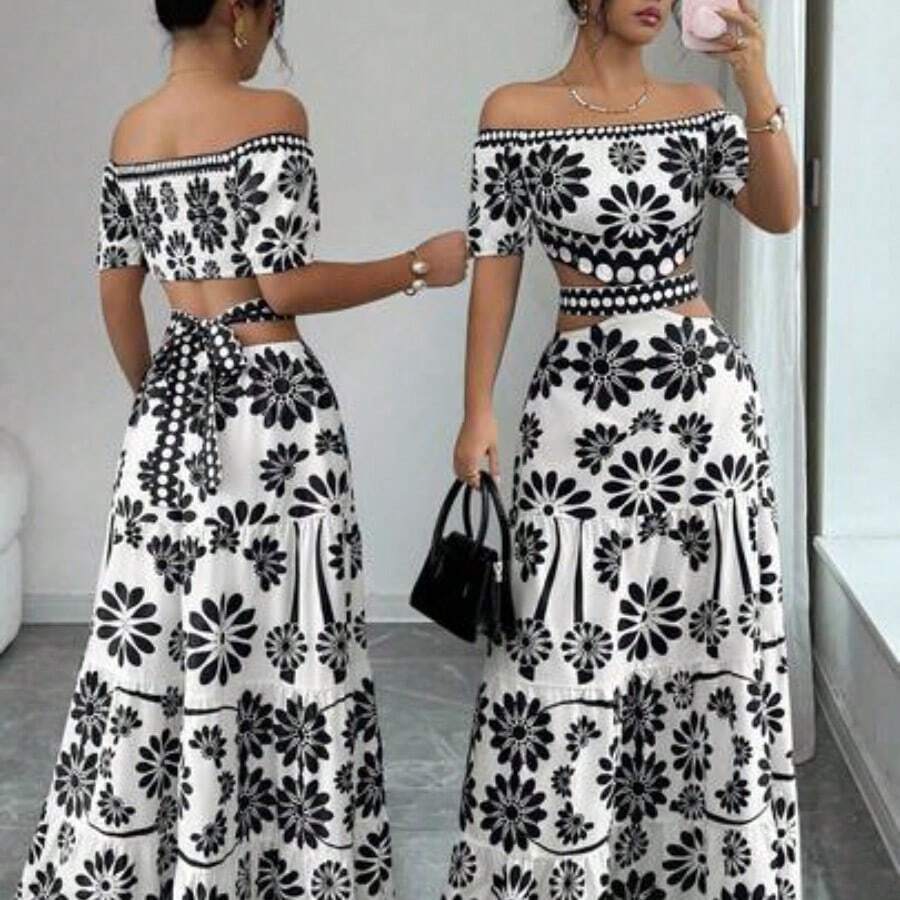 Casual Floral Print Off-Shoulder Crop Top Dress, Summer - Blanco y Negro - Ver 1