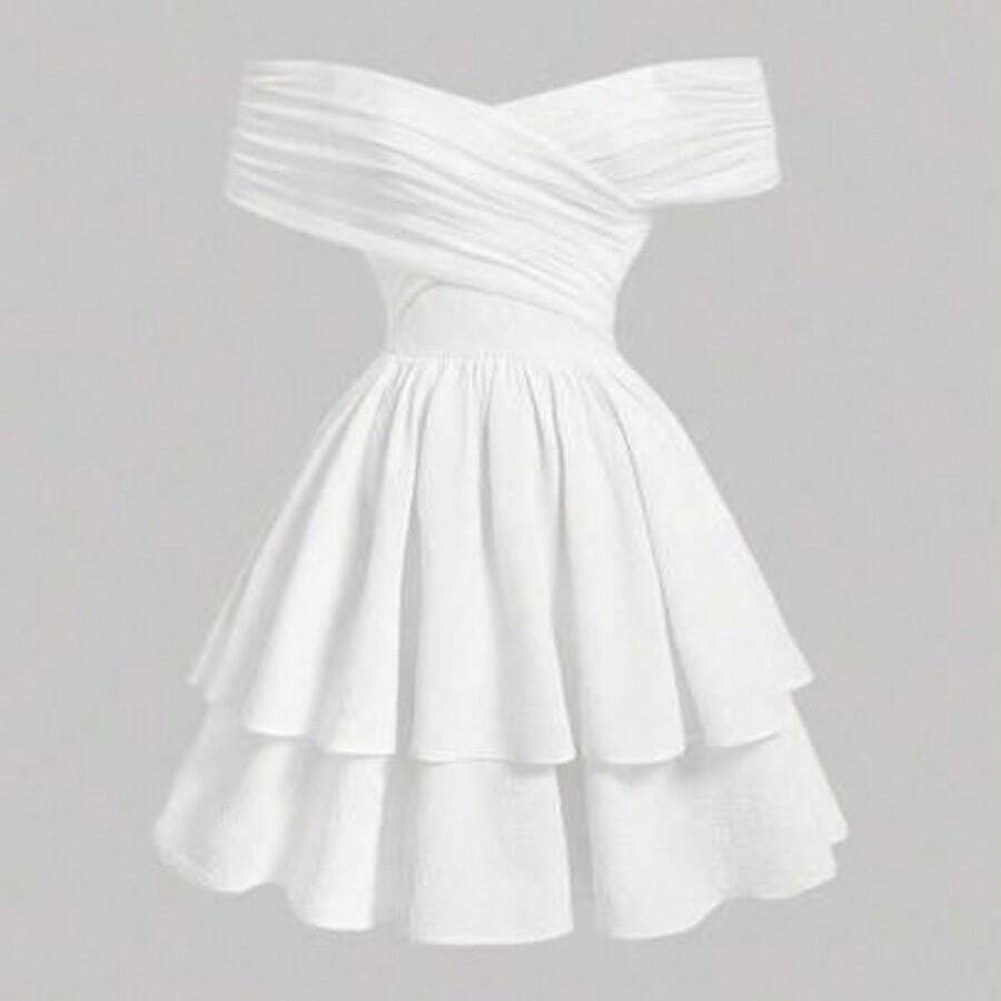 MOD Women's Solid Color Off Shoulder Layered Ruffle Dress,Sun Dress,Summer Dresses For Women - Blanco - Ver 1