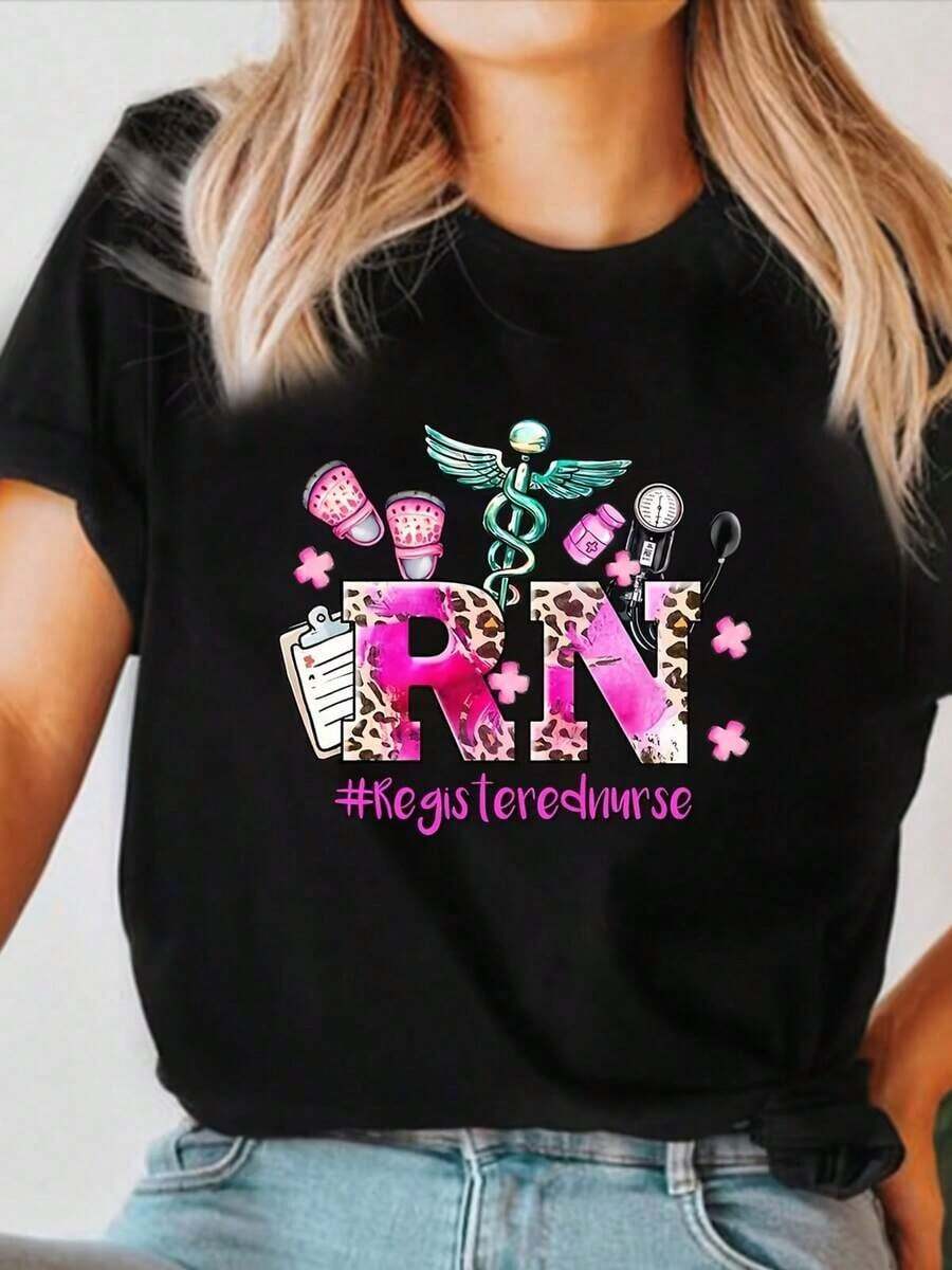 Women's Casual Short-Sleeve T-Shirt For Nurses, With Geometric Print Of Gratitude And Nurse Life, Black, Machine Washable, Crew Neck, Regular Fit, All Seasons, Comfortable For Everyday Wear, Gift For Healthcare Professionals. Women's Short-Sleeve Floral Print T-Shirt, Lightweight, Stretchy, Crew Neck, Casual, For Outdoor Activities And Urban Wear. - 黑色 - 查看 1