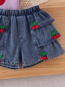 2pcs/Set Young Girl' Vintage Cute Frill Trim Cherry Embroidered Tank Top + Denim Skirt Summer Outfit - Lilac Purple - View 6