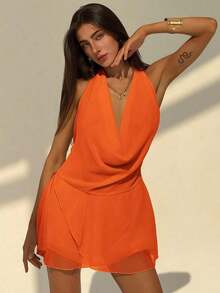 vestido mini de primavera/verano sexy con espalda descubierta, unicolor, cuello halter profundo con drapeado asimétrico y volantes en el bajo - Naranja - Ver 6