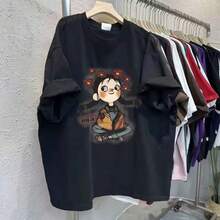 Camiseta de manga corta 100% algodón puro, nuevo estilo de verano, moda europea y americana, única y de nicho, top con estampado de letras estilo Hong Kong. - Negro - Ver 10
