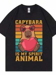 Funny Capybara With Heart Graphic T-Shirts, Clothing For Men And Women, Harajuku Y2k T-Shirts, Casual Fashion Short Sleeve T-Shirts - 黑色 - 查看 6