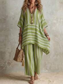 European And American Women's Fashion Stylish V-Neck Loose Striped Casual Two-Piece Suit - 抹茶色 - 查看 5