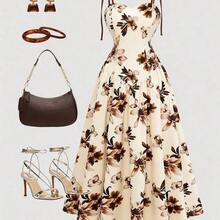 Women's Apricot Base Brown Floral Pattern Spaghetti Strap Waist A-Line Dress, Elegant And Charming For Vacation, Commute, Music Festival, Date, French Bohemian, Beach, Street, Versatile, Spring/Summer, Apricot Brown New Sleeveless Dress - Multicolor - Ver 7
