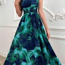 Women's Blue Tie Dye Print Sleeveless Halter Waist Tie A-Line Dress - Rosa - Ver 4