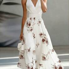 AB Patchwork V-Neck Sleeveless Waist Cinched Elegant Midi Dress, Suitable For Work & Vacation - Verde Oscuro - Ver 4