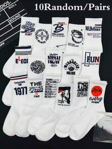 10 Pairs Random Letter Pattern Crew Socks, Mid-Calf Athletic Socks For Men, Street, Basketball, Warm, All Season - White - View 9