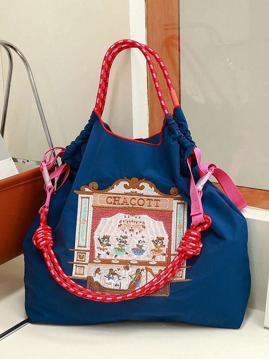 1件新款刺繡舞台劇圖案輕量尼龍可折疊購物袋,通勤可調節肩帶單肩斜跨托特包 - 彩色 - 查看 1