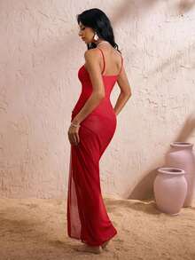 Elavelle Set de 2 piezas de traje de baño de una sola pieza con falda maxi, tirantes finos y decoración de estrella de mar, unicolor para mujer - Rojo - Ver 2