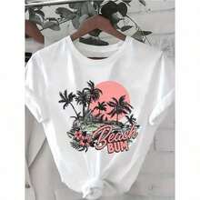 Camiseta de Mujer% Algodón - Camiseta de Manga Corta de Corte Holgado para Mujer - Estampado Gráfico 'Beach', Camiseta de Verano Transpirable% Algodón, Top Casual de Cuello Redondo para Salidas a la Playa y Atuendos Casuales - Ligera, transpirable, éxito de  de verano. - Blanco - Ver 1