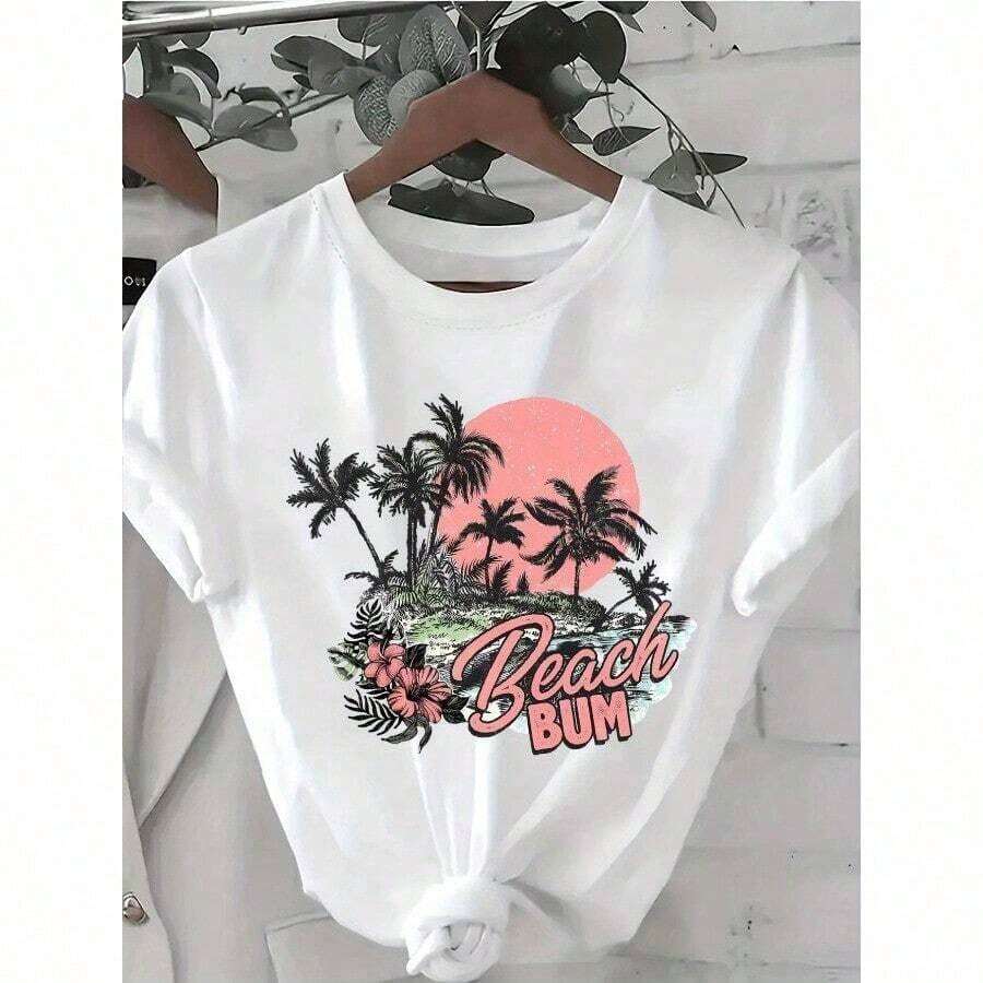 Camiseta de Mujer% Algodón - Camiseta de Manga Corta de Corte Holgado para Mujer - Estampado Gráfico 'Beach', Camiseta de Verano Transpirable% Algodón, Top Casual de Cuello Redondo para Salidas a la Playa y Atuendos Casuales - Ligera, transpirable, éxito de  de verano. - Blanco - Ver 1