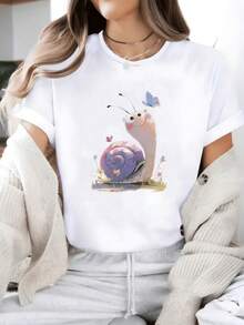 Camiseta de Mujer% Algodón con Estampado de Caracol y Mariposa, Diseño Divertido de Caracol para Niños con Elementos Primaverales para un Estilo Cálido. Hecha de algodón de 180 g, ligeramente elástica, cómoda de llevar y lavable aáquina – la elección perfecta para un estilo infantil inspirado en la primavera – Camiseta de algodón para mujer. Ligera, transpirable, éxito de  en verano. - Blanco - Ver 5