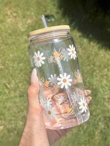 Gelas Air Transparan Anti Bocor 16oz dengan Sedotan | Motif Bunga Daisy dan Lebah Kartun yang Lucu | Gelas Perjalanan untuk Kopi Dingin | Termasuk Tutup dan Sedotan | Dicetak dengan Gaya "Kaleng Soda" | Modis dan Menyenangkan untuk Minuman Dingin - MultiWarna - View 3