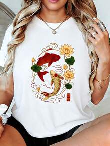 Women's Korean Koi Fish And Lotus T-Shirt - Soft, Round-Neck, Short-Sleeved Top Featuring Vibrant Gold And Red Koi, Water Ripples, And Blooming Flowers. Breathable, Casual Summer Blouse Suitable For Spring, Summer, And Autumn Outfits. A Cultural Gift. - 白色 - 查看 1
