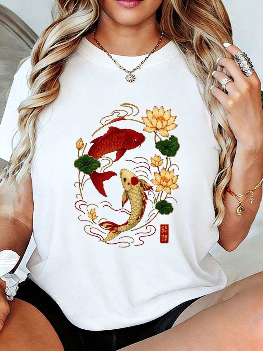 Women's Korean Koi Fish And Lotus T-Shirt - Soft, Round-Neck, Short-Sleeved Top Featuring Vibrant Gold And Red Koi, Water Ripples, And Blooming Flowers. Breathable, Casual Summer Blouse Suitable For Spring, Summer, And Autumn Outfits. A Cultural Gift. - 白色 - 查看 1