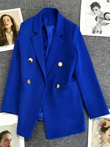 Spring & Summer Women's Solid Long Sleeve Double-Breasted Blazer, Notched Lapels | Ideal For Dates, Parties, Outings & Festive Celebrations - Sapphire Blue - View 4