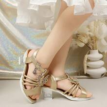女童优雅高端蝴蝶结派对高跟凉鞋，露趾高跟凉鞋，透气轻便，适合派对、演出、宴会、婚礼等场合，圆头高跟凉鞋 - 金色 - 查看 3