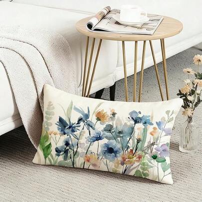 1pc Watercolor Wildflower Lumbar Pillow Cover, Blue Floral Plant Pattern Pillow Cover, Single-Sided, Does Not Include Pillow Insert Single-Sided, Pillow Core Not Included