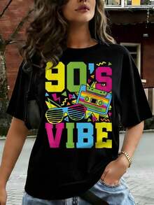 Camiseta casual para mujer con estilo retro de los 90, diseño gráfico de los años 90, cómoda para atuendos informales y elegantes, ligera y transpirable, lavable a máquina, corte regular, cuello redondo, transpirable y cómoda. - Negro - Ver 6