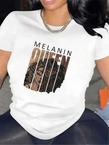Camiseta gráfica para mujer, Reina de la Melanina, manga corta, hecha de material ligero y duradero, ideal para outfits casuales en casa, el trabajo o para comer, con un diseño llamativo y un ajuste cómodo - [Blanco] - Ver 1