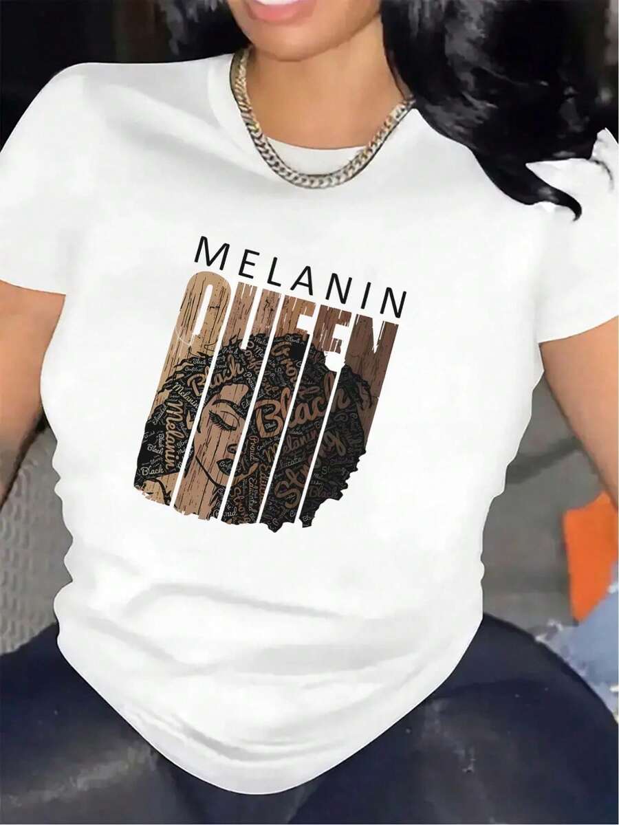 Camiseta gráfica para mujer, Reina de la Melanina, manga corta, hecha de material ligero y duradero, ideal para outfits casuales en casa, el trabajo o para comer, con un diseño llamativo y un ajuste cómodo - [Blanco] - Ver 1