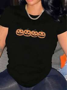 Camiseta Casual de Manga Corta para Mujer Halloween 1 Pieza 100% Algodón Pesado - Cuello Redondo Cómodo, Tops Suaves y Adorables - Negro - Ver 12
