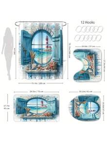 Bộ 4 món rèm tắm họa tiết ngọn hải đăng phong cảnh biển dành cho căn hộ, phòng tắm, khách sạn, bao gồm 12 móc treo, thảm tắm, nắp bồn cầu và thảm chữ U, phụ kiện phòng tắm. - A - Xem 5