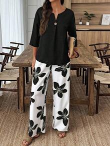 Conjunto de camisa de unicolor y pantalones con estampado floral para vacaciones - Multicolor 6 - Ver 7