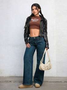 ICON Solid Color Wide Leg Pocket Jeans, Casual And Versatile - 藍色 4 - 查看 5