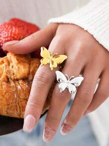 Uself 2pcs/1pc 18K Gold Plated 3D Butterfly Stainless Steel Ring Set, Polished Dual-Tone Open Ring, Creative Design For Women Jewelry Lovers, Western Jewelry, Holiday Gift, Brand For Female - Multicolor - View 3