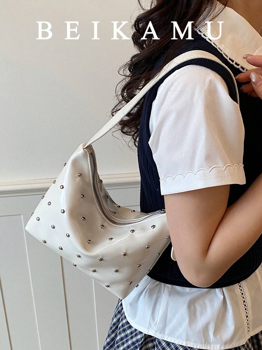 BEIKAMU Fashion Rivet Decor PU Crossbody Bag, Adjustable Shoulder Strap Zipper Closure Versatile Shoulder Bag Satchel, Suitable For University, Commuting, Shopping, Strolling, Daily Use - White - View 1
