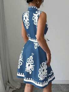 Elenzya Vestido corto sin mangas con botones delanteros y estampado vintage para vacaciones casual de mujer - Azul - Ver 2