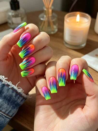 24pcs Medium-Long Ombre Multi-Color Nail Stickers, Dual-Tone Nail Art Decals, Convenient For Daily, Party, Vacation, Nail Decoration