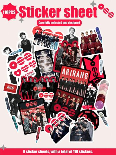 6 Pages/110 Pcs, K-POP B/TS, ARMY OT7, ARIRANG, Red & Black Tone, JIN/JK/JIM Stickers, Pop Music Idol Graffiti Stickers For Luggage, Laptop, Bicycle, Motorcycle, Stationery, Scooter, Furniture, Fridge, Phone, Cup, Helmet, Car, Great Gift For Friends, Family, Fans