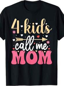 1 pieza de camiseta gráfica "4 Call Me Mom" para mujer y hombre - Corte holgado retro, suave y transpirable, con cuello redondo y estampado de corazón y flecha, regalo divertido para el Día de la Madre, cómoda para todas las estaciones, lavable a máquina, camiseta unisex para madres con 4+ (con letras rosas y doradas), 180g, 100% algodón, los patrones están completamente impresos. Unisexo. - Negro - Ver 7