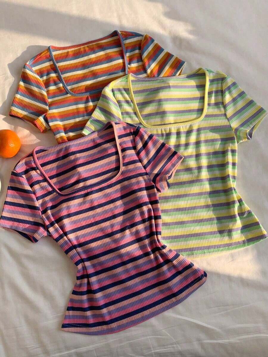 Set de 3 camisetas básicas de cuello redondo de manga corta para mujer - Multicolor 5 - Ver 1