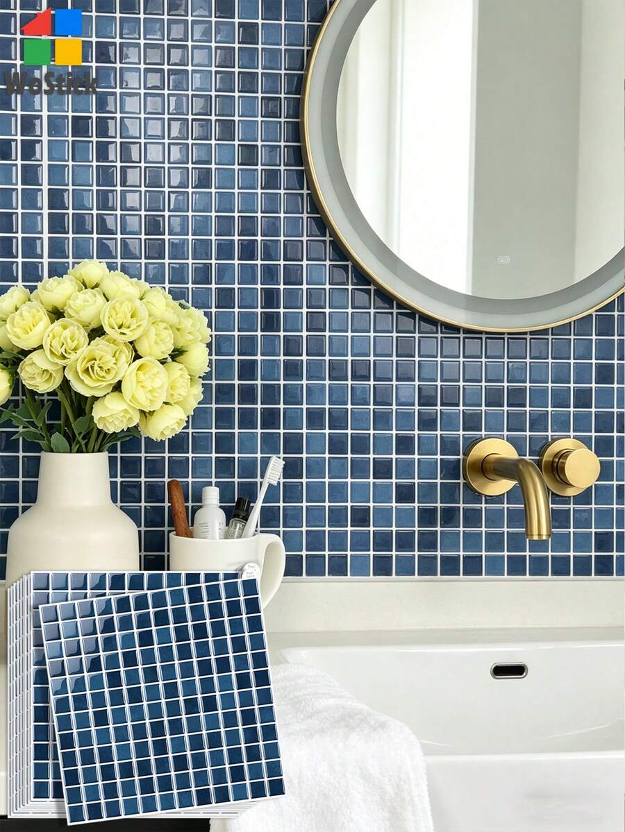 WoStick Giấy dán tường DIY vân nổi chống nước 10"X10", gạch ốp bếp tự dính, gạch vuông nhỏ trang trí, nhãn dán gạch mosaic ombre xanh Bắc Âu