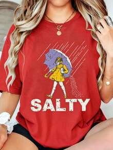 Salty Girl Umbrella Print Round Neck Short Sleeve Tee, 100% Cotton Plus SizeWomenCasual Top, Summer Daily OutdoorStreetwear Graphi Ccute Tees T-Shirt - 紅色 - 查看 7
