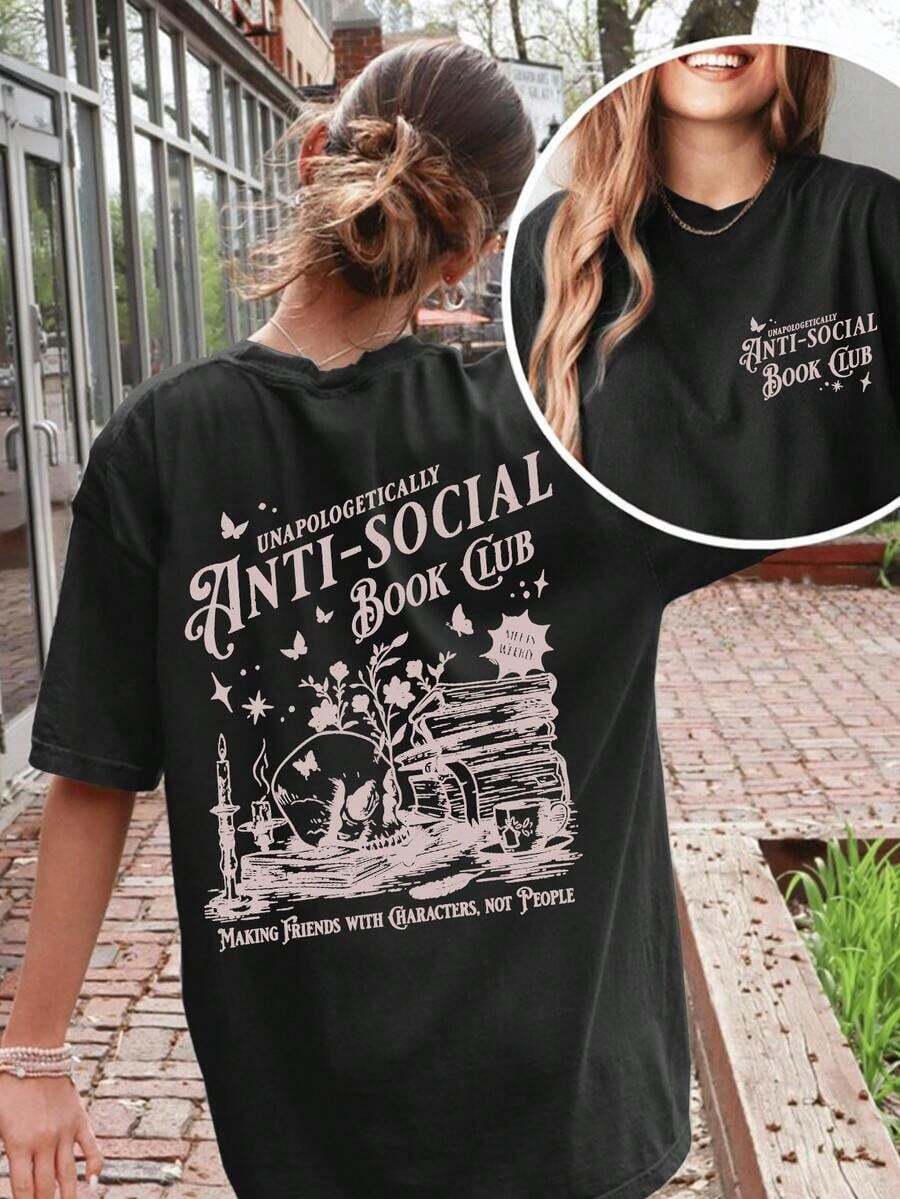 Women's Plus Size Black Short-Sleeved Crew Neck T-Shirt With "Antisocial Book Club" Graphic Print, Perfect For Summer, Simple And Casual Everyday Wear - 黑色 - 查看 1