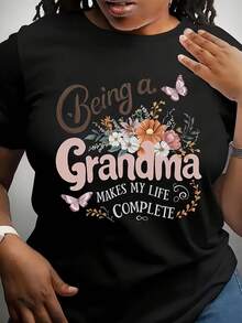 Women's Plus Size Short Sleeve Cotton T-Shirt, Casual Style With Round Neck And Print Of "Soon I Will Be A Grandmother" And Other Lettering Elements. - 黑色 - 查看 1