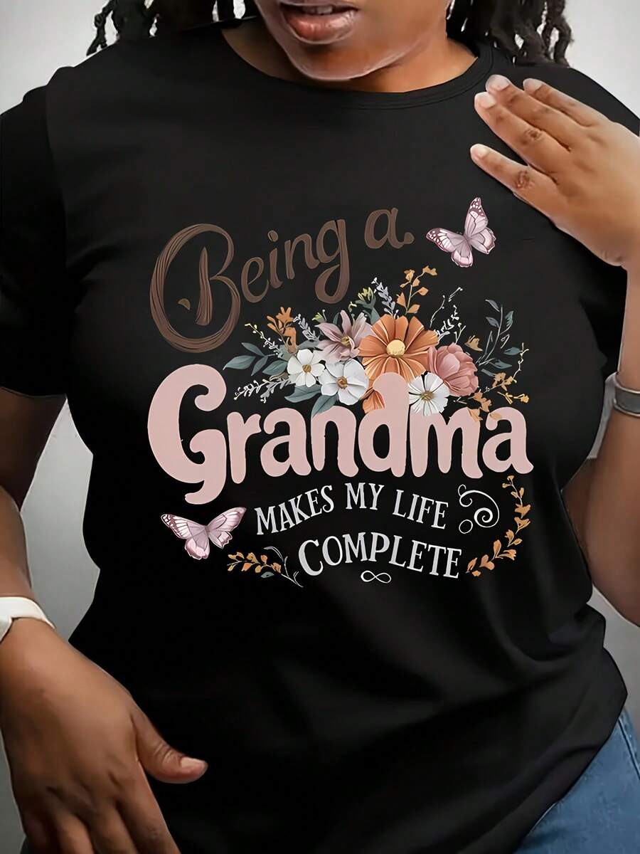 Women's Plus Size Short Sleeve Cotton T-Shirt, Casual Style With Round Neck And Print Of "Soon I Will Be A Grandmother" And Other Lettering Elements. - 黑色 - 查看 1