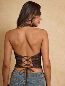 Top halter con cierre de cremallera frontal, estilo occidental, de cuero sintético con espalda descubierta y cordones, para mujer, de moda y sexy, para vacaciones de verano - Negro - Ver 9