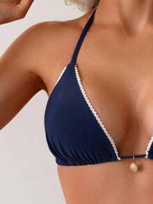 Swim Vcay - Conjunto de Bikini Triangular Sexy con Ribete de Encaje para Mujer, 2 Piezas, Conjunto de Bikini Halter con Tiras Simples para Vacaciones de Verano en la Playa - Verde - Ver 7