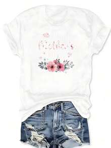 Feliz Día de la Madre con Estampado Floral de Mamá, Abuela, Camiseta de Manga Corta con Cuello Redondo, Top Casual para Verano y Primavera, Ropa de Tallas Grandes para Mujer, blusa casual mu - Blanco - Ver 3
