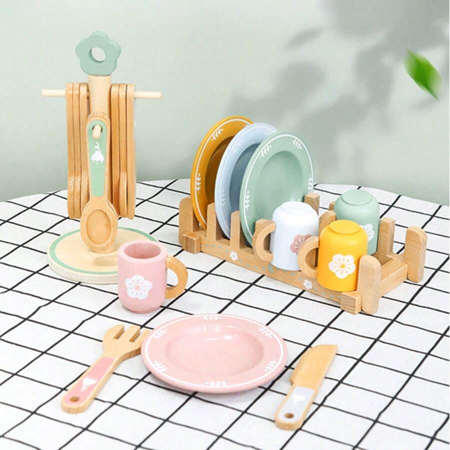 木制厨房过家家玩具套装，蒙特梭利风格逼真餐具和厨具，早教烹饪角色扮演玩具，适合3岁以上儿童的礼物