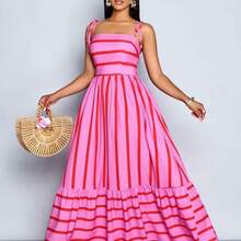 Women's Flowing Striped Maxi Dress With Shoulder Straps And Chest Gathering, Suitable For Vacation, Beach, Commuting, And Casual Daily Wear, Elegant Gown (Random Floral), Summer Outfits , Summer Tops Summer Clothes , Summer Outfits For Women , Summer Holiday Outfits , Summer Outfit For Women,Beach , Beach Dress , Beach Dresses , Beach Outfits For Women, Beach Outfit For Women , Beach Outfit , Vacation Outfits Women , Holiday Outfits For Women , Summer Holiday Outfits , Vacation , Holiday , Vacat - Azul - Ver 6