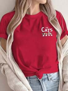 [Impresión a Doble Cara] Camiseta de Mujer, Top Casual de Manga Corta y Cuello Redondo, con un Diseño de Cruce de Cebra y la palabra CATS impresa encima, Lavable, Ropa Casual Adecuada, Prenda Versátil, Material Cómodo, Para Entusiastas de la Moda. Cuello Redondo, 100% Algodón, Tejido Suave, Manga Corta. - Rojo - Ver 3