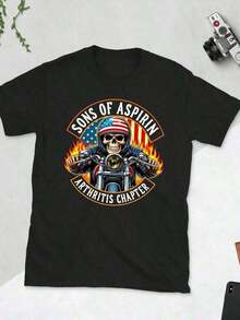 100% Cotton Sons Of Aspirin Chapter Arthritis Skull On Motorcycle With Flames T-Shirt Suitable For Men And Women 220g Custom Rapper Graphic Red T-Shirt Summer Tops Rhinestone T-Shirt Summer Graphic Tees QOVF - Hitam - View 2